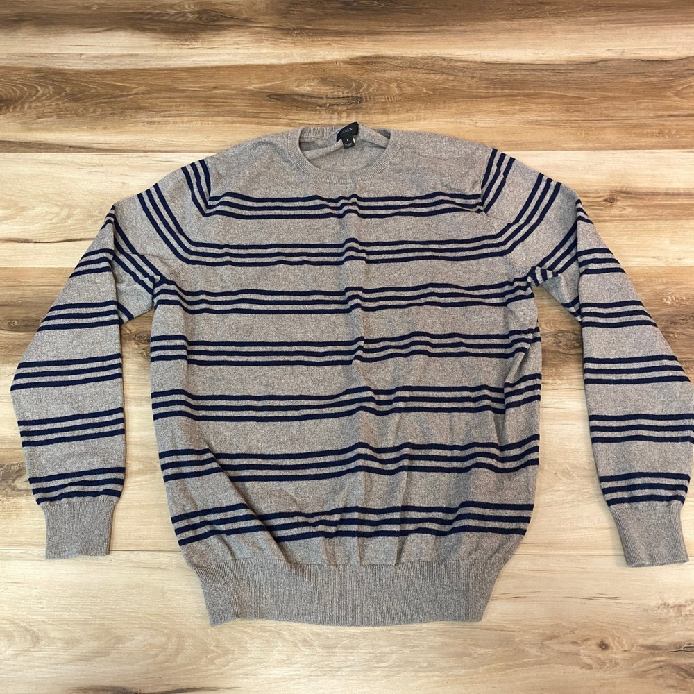 J.Crew Mens Cotton Cashmere Striped Crewneck Sweater Grey Navy Blue Large